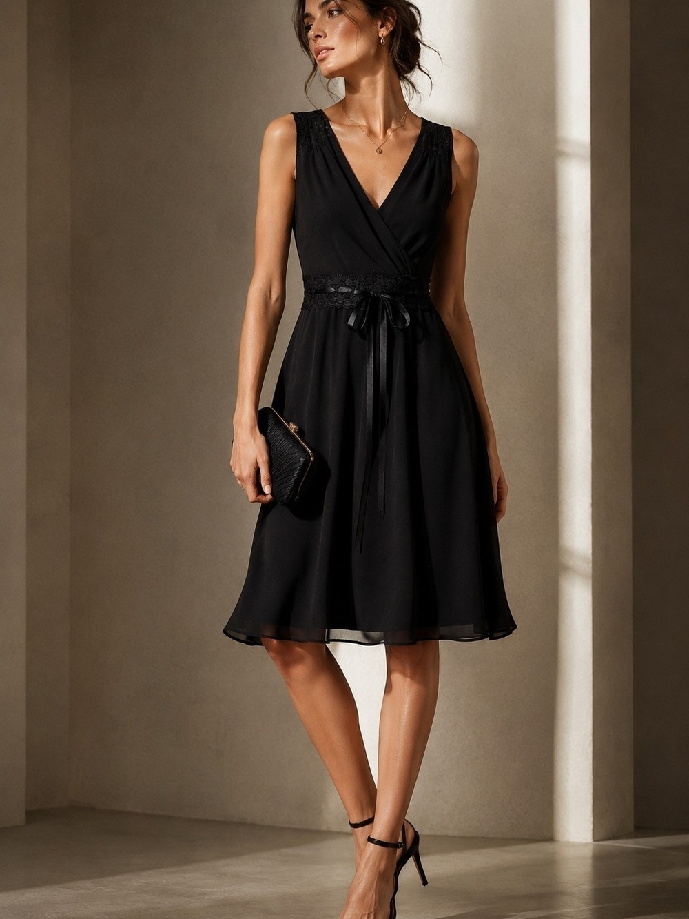 MEXX Black Lace Trim Wrap Dress Sleeveless Romantic Cottagecore Midi Dress EU 36